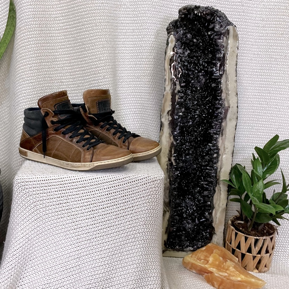 Brown & blue mid rise sneaker boots